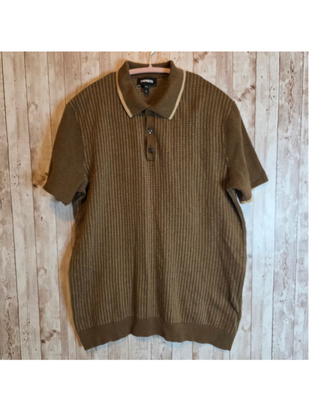 Men's Express Polo Sweater tshirt Size L Brown Beige Textured Knit